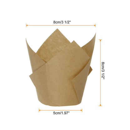 HARFINGTON 100Pcs Tulip Cupcake Liners Standard Paper Baking Cups Greaseproof Wrappers Disposable for Birthday Banquets Party, Natural