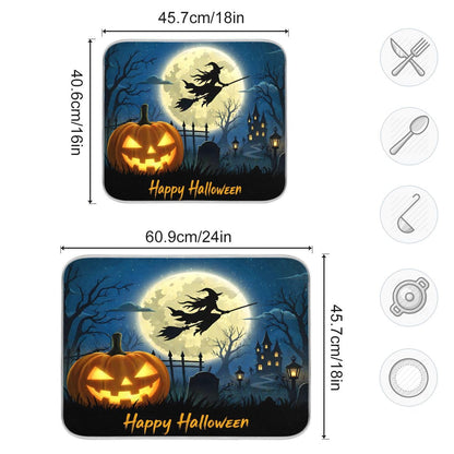 Halloween Night Witch Bat Dish Drying Mat,Pumpkin Latern Absorbent Dish Drying Mat for Kitchen, Extra Large, 16" x 18"