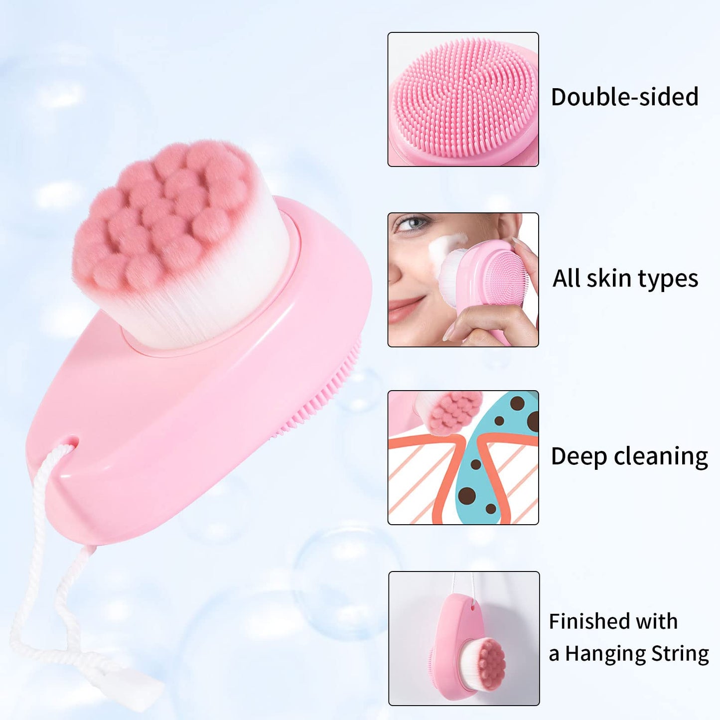 2 Pack Facial Cleansing Brush 2 in 1 for Face Exfoliation, Soft Bamboo Charcoal Microfiber Bristle Dual Face Silicone Scrubber Brush for Pore Deep Cleansing Skincare with Lid, Black+Gradient
