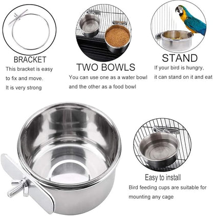 PINVNBY Parrot Feeding Cups Birds Food Dish Stainless Steel Parrot Feeders Water Cage Bowls with Clamp Holder for Cockatiel Conure Parakeet Macaw Small Animal (2PCS, Size: M)