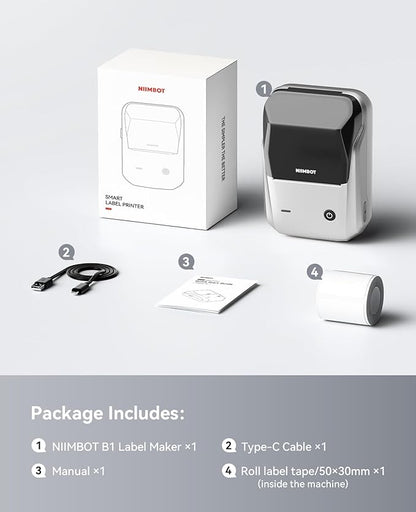 NIIMBOT B1 Label Maker, Portable Bluetooth Thermal Label Printer with Large Waterproof Tape and Multiple Templates for Kitchen, Home, School, Small Business,2 Inch (Silver, 1 Printer+1 Roll Label)