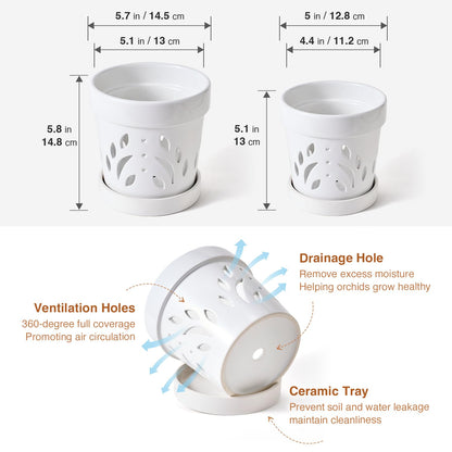 STHIE Orchid Pots, 5 + 6 Inch Ceramic Orchid Pots with Holes, Orchids Planter for Repotting, 2 Pack Promoting Air Circulation, White Flower Pots with Removable Trays