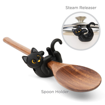 Black Cat Spoon Rest for Stove Top – Silicone Pot Clip Utensil Holder & Lid Lifter – Funny Kitchen Gadget, Unique Witchy Cat Gifts for Women & Halloween – 3" x 2.5"