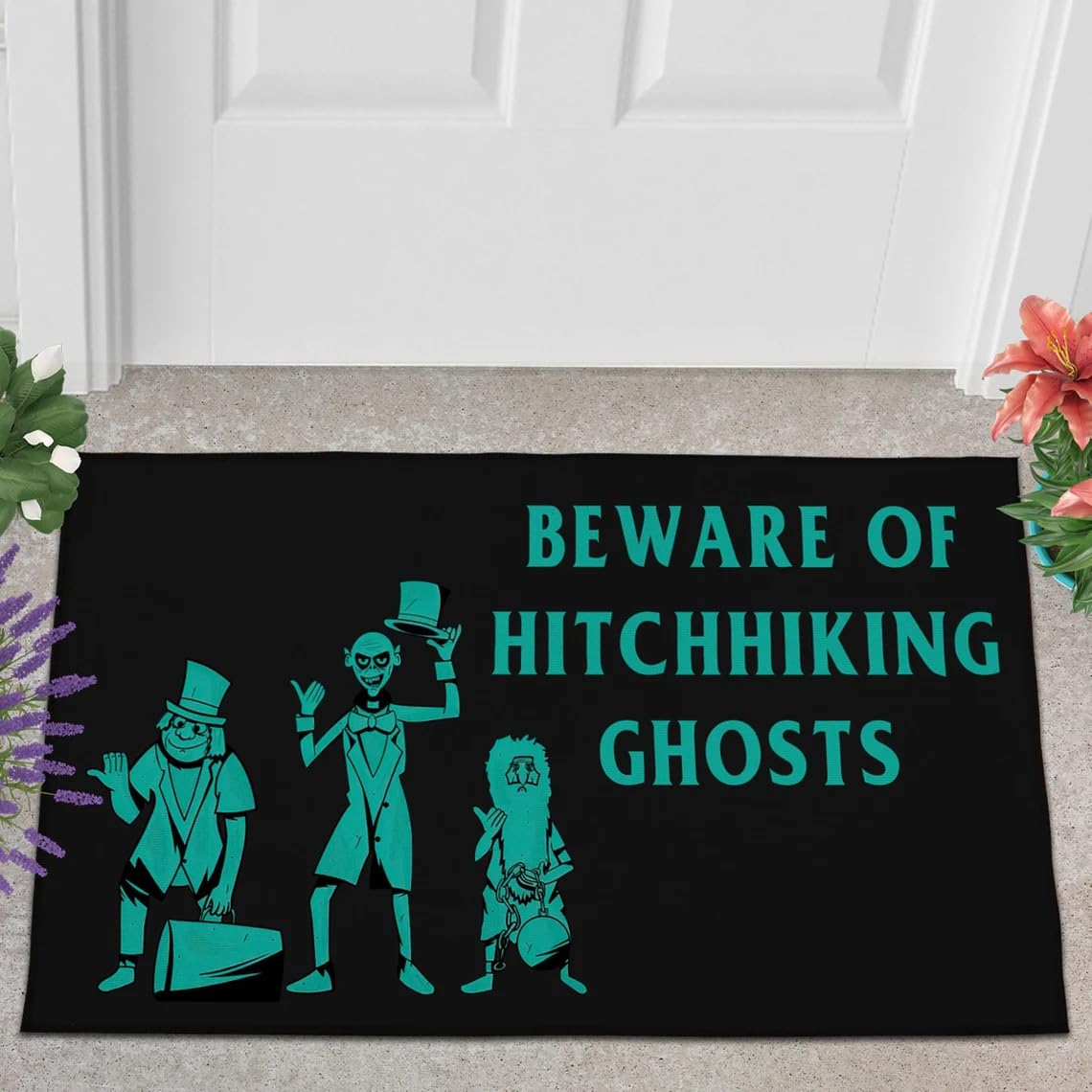Beware of Hitchhiking Ghost Doormat - Haunted Mansion Horror Halloween Door Mat for Home, Kitchen, Bathroom Decoration - Housewarming Gift 30X17 Inch