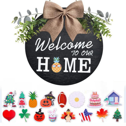 Welcome Wreaths Sign Wreaths Interchangeable Wooden Seasonal Welcome Sign Welcome to Our Home Wreath with Burlap Bow, Greenery and Seasonal Ornaments 12" Decrations for All Seasons