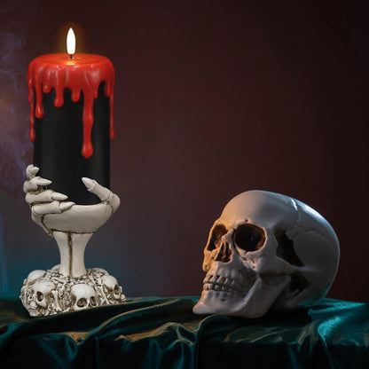 DRomance Black Flameless Flickering Candles with Timer, Blood Dripping Wax Effect Battery Operated LED Pillar Candle with Skeleton Hand Candle Holder Halloween Table Centerpiece Decor(4" x 11")