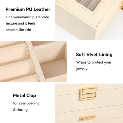 Voova Jewelry Box Organizer for Women Girls, 3 Layer PU Leather Jewelry Storage Case with Glass Lid & 2 Drawers, Large Jewellery Display Holder for Necklaces Rings Earrings Bracelets, Apricot