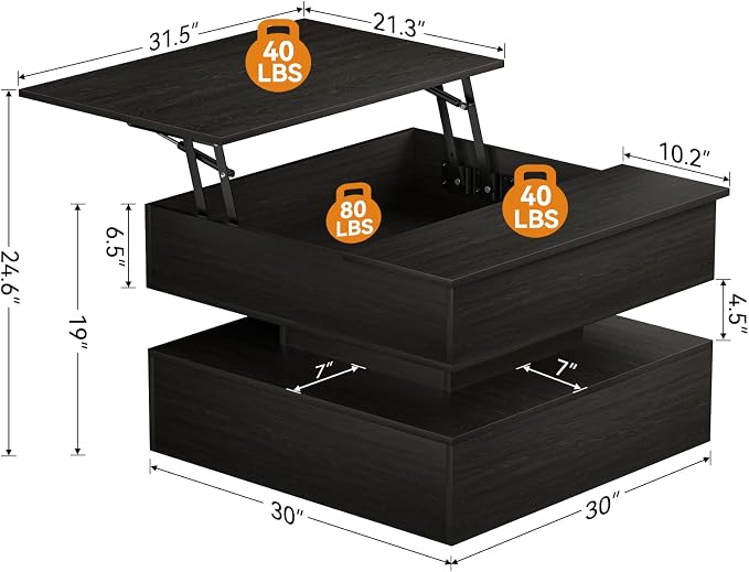 FABATO Lift Top Coffee Table with Storage and Hidden Compartment, Wood Square Coffee Table for Living Room,31.5'' Small Center Table with Open Display Shelf for Dining Reception Room, Black