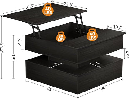 FABATO Lift Top Coffee Table with Storage and Hidden Compartment, Wood Square Coffee Table for Living Room,31.5'' Small Center Table with Open Display Shelf for Dining Reception Room, Black