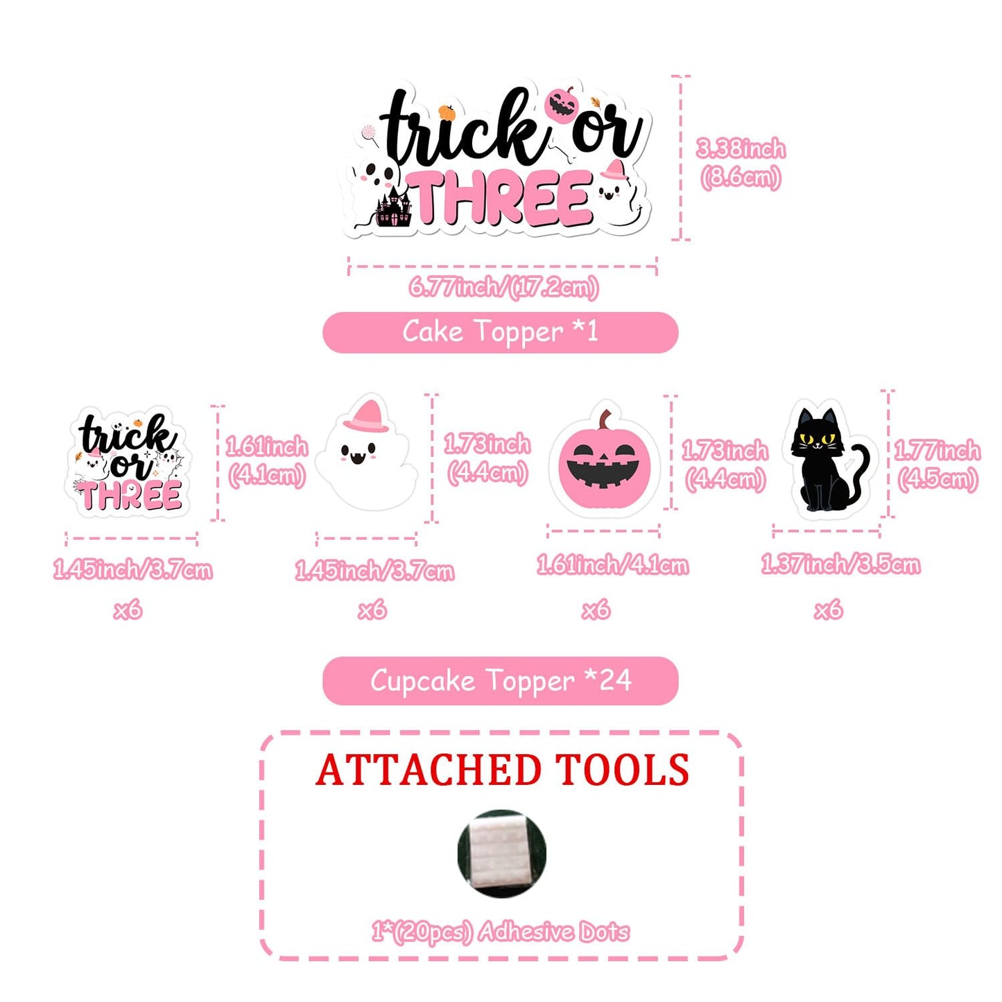 Trick or Three Cake Cupcake Toppers Pink Halloween 3rd Birthday Party Decorations Boo Ghost Pumpkin Bats Cake Decor Double-Sided Printing for Girls Third Booday Party Decor Supplies