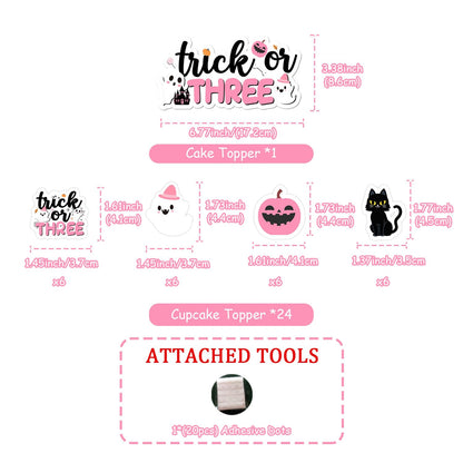 Trick or Three Cake Cupcake Toppers Pink Halloween 3rd Birthday Party Decorations Boo Ghost Pumpkin Bats Cake Decor Double-Sided Printing for Girls Third Booday Party Decor Supplies