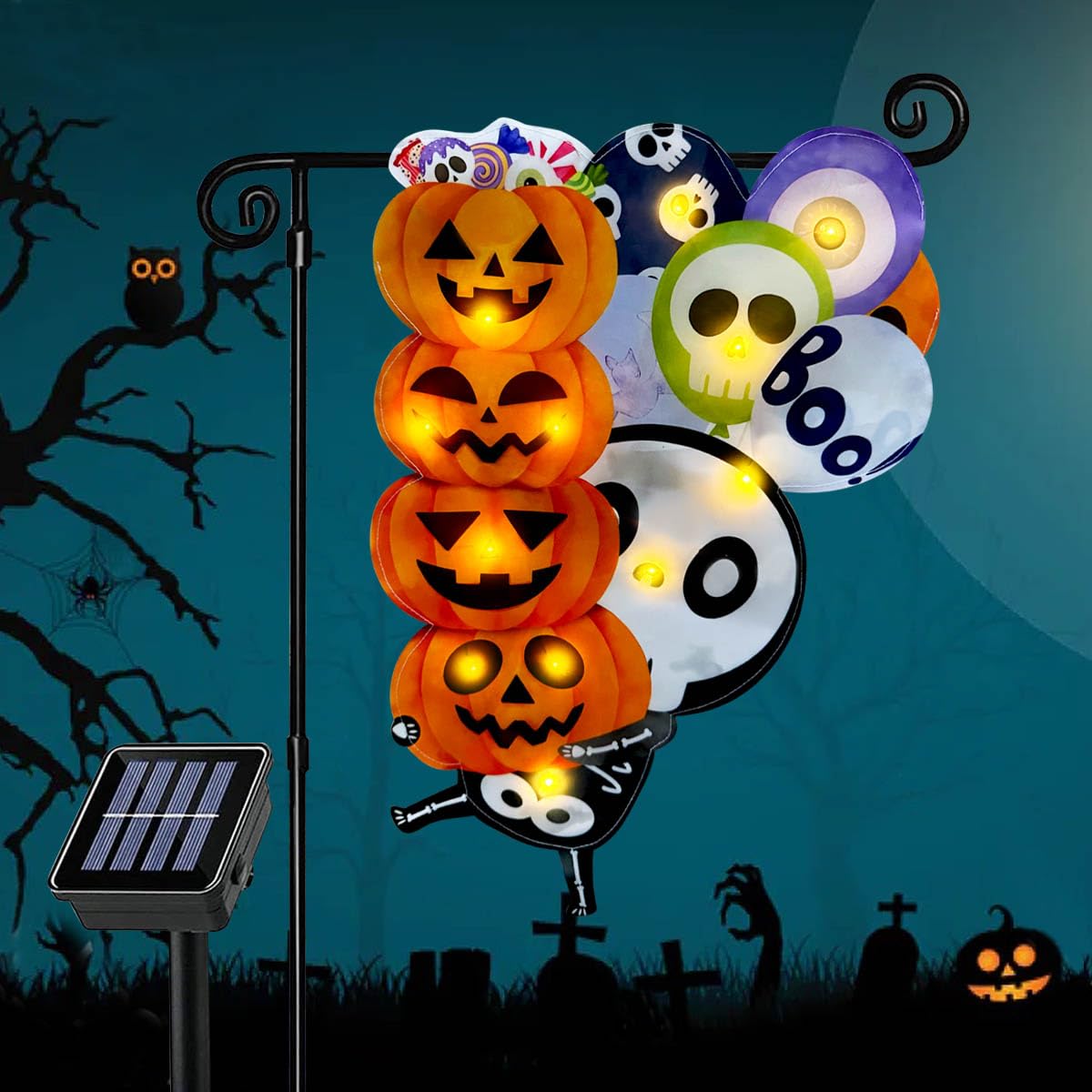 3D Lighted Halloween Garden Flag, Solar Powered LED Outdoor Skeleton & Pumpkin Holiday Yard Flag, Double Side Spooky Ghost Skull Shaped Flag for Patio Lawn, Home Porch 12×18 Inch