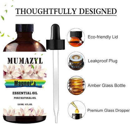 Magnolia Essential Oil, Magnolia Oil 4 Fl Oz 120ML for Diffuser Humidifier Yoga Cleaning DIY Candle Soap Making MUMAZYL Essential Oils