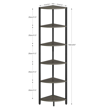 IRCPEN 6 Tier Corner Shelf 63.1" Tall Corner Shelves Stand Ladder Shelf Grey Woodgrain Industrial Standing Bookshelf Organizer Display Rack Bookcase Plant Stand for Living Room Bedroom CS-001GW