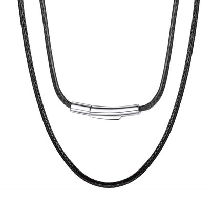2mm Black Waterproof Braided Leather Cord Necklace with Durable Stainless Steel Snap Clasp Men Women Woven Wax String Rope Chain for DIY Pendant Length 18"
