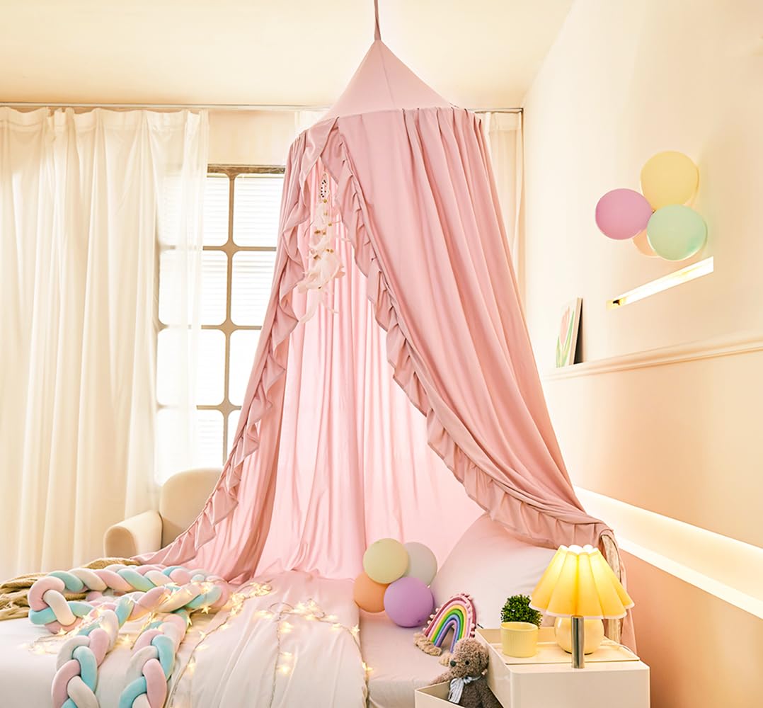 Mengersi Bed Canopy for Girls,Ruffled Canopy Bed Curtains Canopy for Girls Room,Hanging Canopy Princess Play Tent for Reading Nook Play Room Decor (Beige Pink)