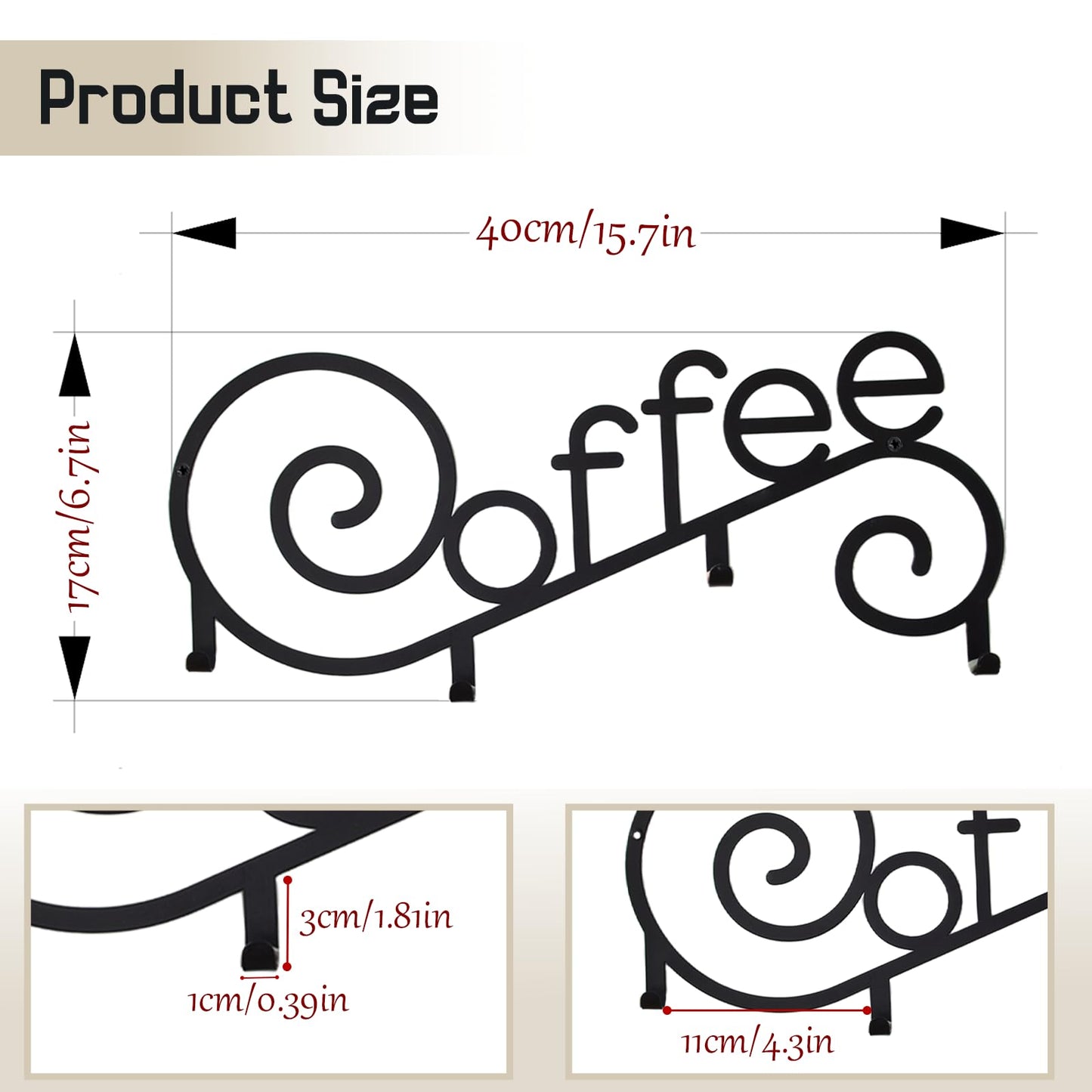 WOPARTY Metal Wall Mounted Coffee Cup Mug Holder with 4 Hooks, 15.75 x 6.3 Inch, Decorative Coffee Bar,Kitchen, Bar Station Accessories Decor
