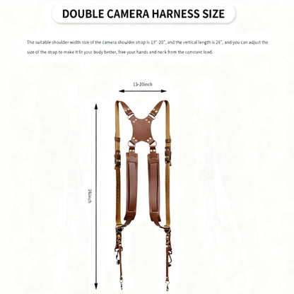 MEKOTRIN Dual Camera Harness & Leather Shoulder Strap Comfortable Carry for Two Cameras, Ideal for Hiking, Weddings and Travel, Adjustable 1/4" Standard Screw Compatibility (Shoulder Width: 13"-20")