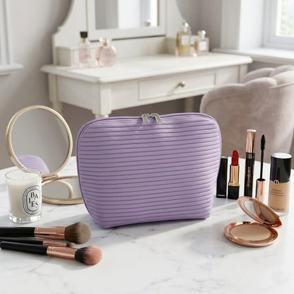 Tense Edano Travel Makeup Bag for Women, Waterproof Stand Up Cosmetic Bag with Brush Holders, Organizer Bag with Compartments, Fold-Down Design for Skincare, Toiletries & Essentials (Purple, Medium)