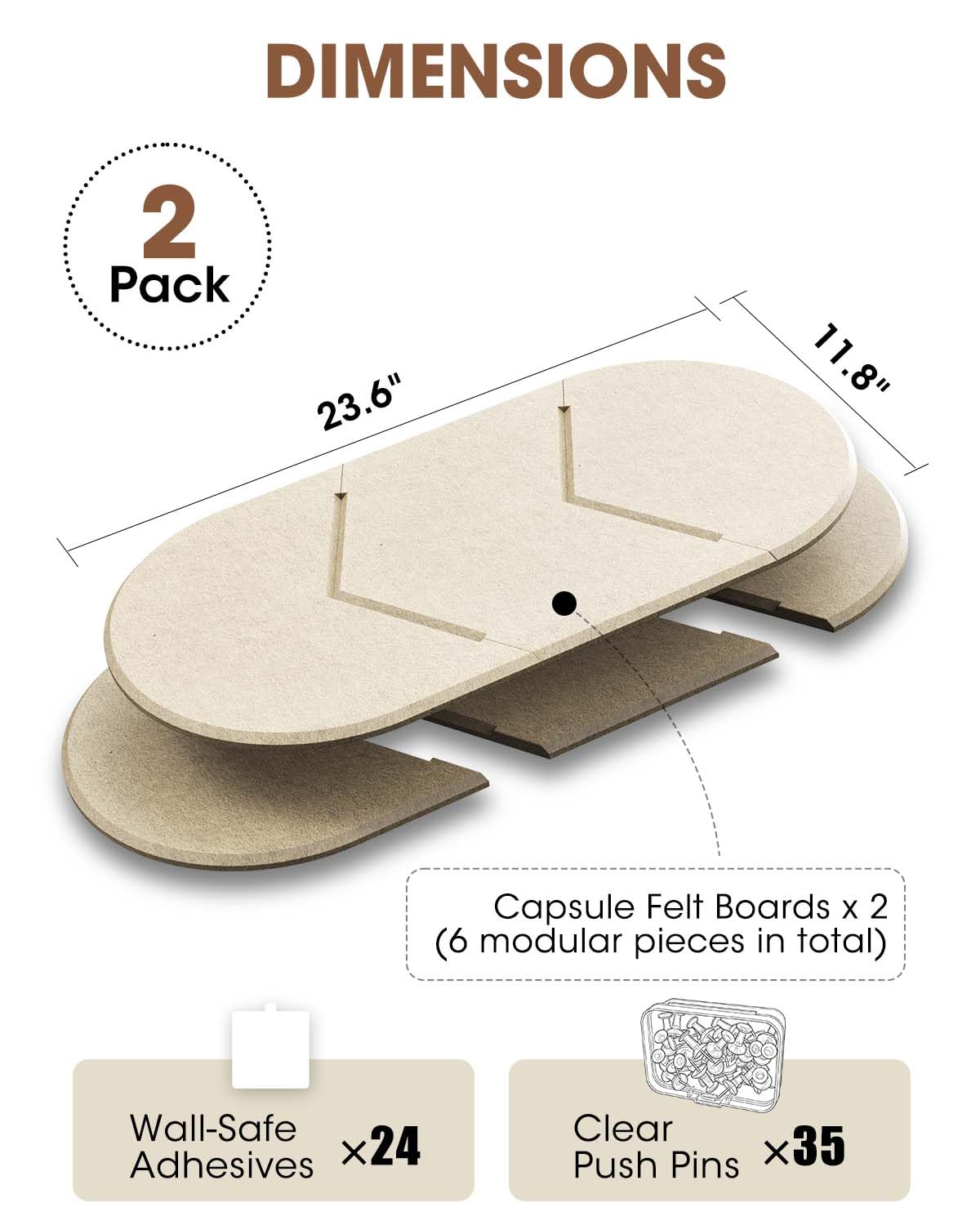 Cork Board Alternative, Felt Bulletin Board for Walls, 2-Pack 23.6"x11.8" Pin Board Wall Organizer with 35 Push Pins, Adhesive Install Wall Decor for Office, Classroom, Home, Desk Accessories