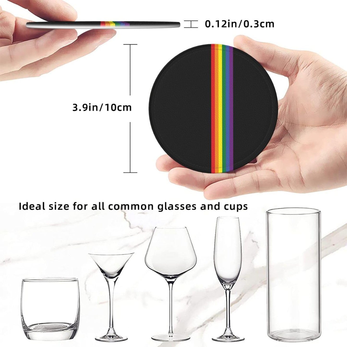 6pcs Rainbow LGBT Gay Pride Drinking Coasters Leather Coaster with Holder Coasters for Coffee Table Kitchen Table Bar, Home Office