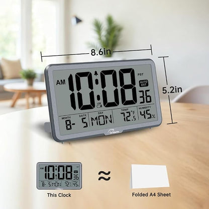 WallarGe Auto Set Digital Wall Clock Battery Operated, Desk Clocks with Temperature, Humidity and Date, Large Display Digital Calendar Alarm Clock for Elderly, Bedroom, Office, 8 Time Zone, Auto DST.