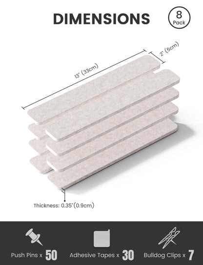Fluxynara Cork Board Alternative Felt Strip Board 8-Pack 13"x2", Office Pin Board with 50 Push Pins, Adhesive Install for Bedroom Door & Home Office (Oatmeal)