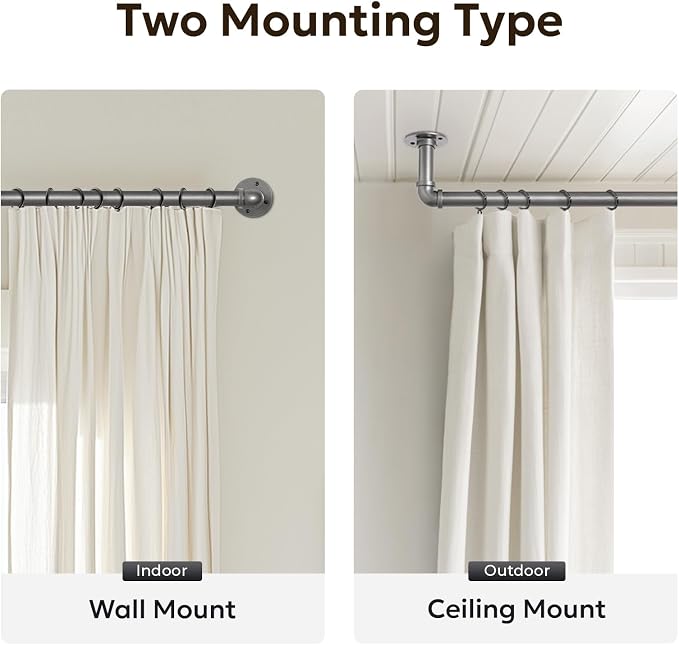 Zeerobee Curtain Rods for Windows 144 to 168, 1 Inch Industrial Wrap Around Grey Curtain Rod, Indoor/Outdoor Room Divider Adjustable Drapery Pole, 144"-168"