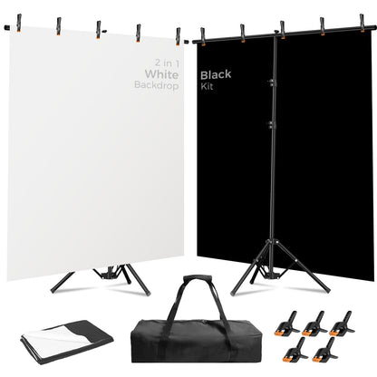 EMART Photo Backdrop with Stand Kit 6.5x5ft, Photography Black and White 2-in-1 Revisible Background Screen with Portable T-Shape Support and 5 Clamps for Video Recording Meeting Self Tape