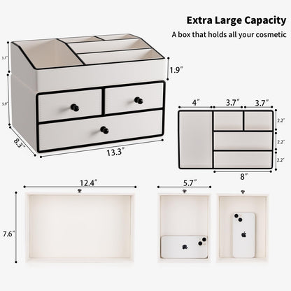 GORESE Leather Makeup Organizer with Drawers for Vanity, Stackable Skincare Holder Dresser Organizer Countertop, Make Up Storage Organizers Counter Cosmetic Display Case Gifts for Women(Cream White)