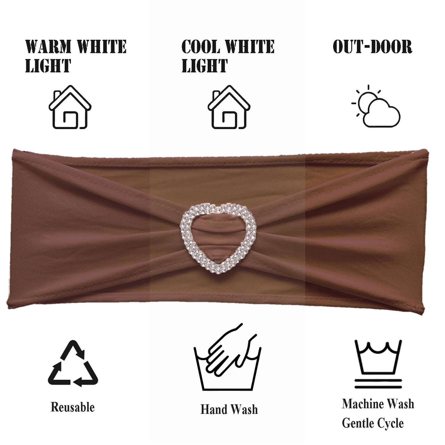 Fbewom Brown Chair Sashes 60 Pack Spandex Brown Sashes for Chairs Universal Spandex Chair Sashes Bands with Heart Buckle Slider for Wedding Banquet Party Decorations