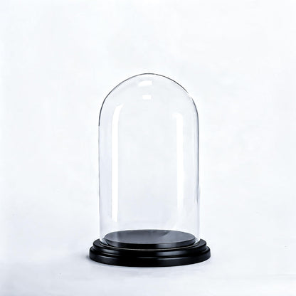 CYS EXCEL Glass Dome Cloche (H:9.25" D:5.5”) with Black Wood Base Decorative Showcase Display for Antique Collectible Bell Jar Terrarium Dessert Cover