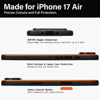 KORDIZ Impact Leather Case for iPhone 17 Air – Full-Grain Leather MagSafe Case with Camera Control Button – 360° Shockproof Bumper – Rugged Patina-Ready Protection – Slim Grip Cover (English Tan)