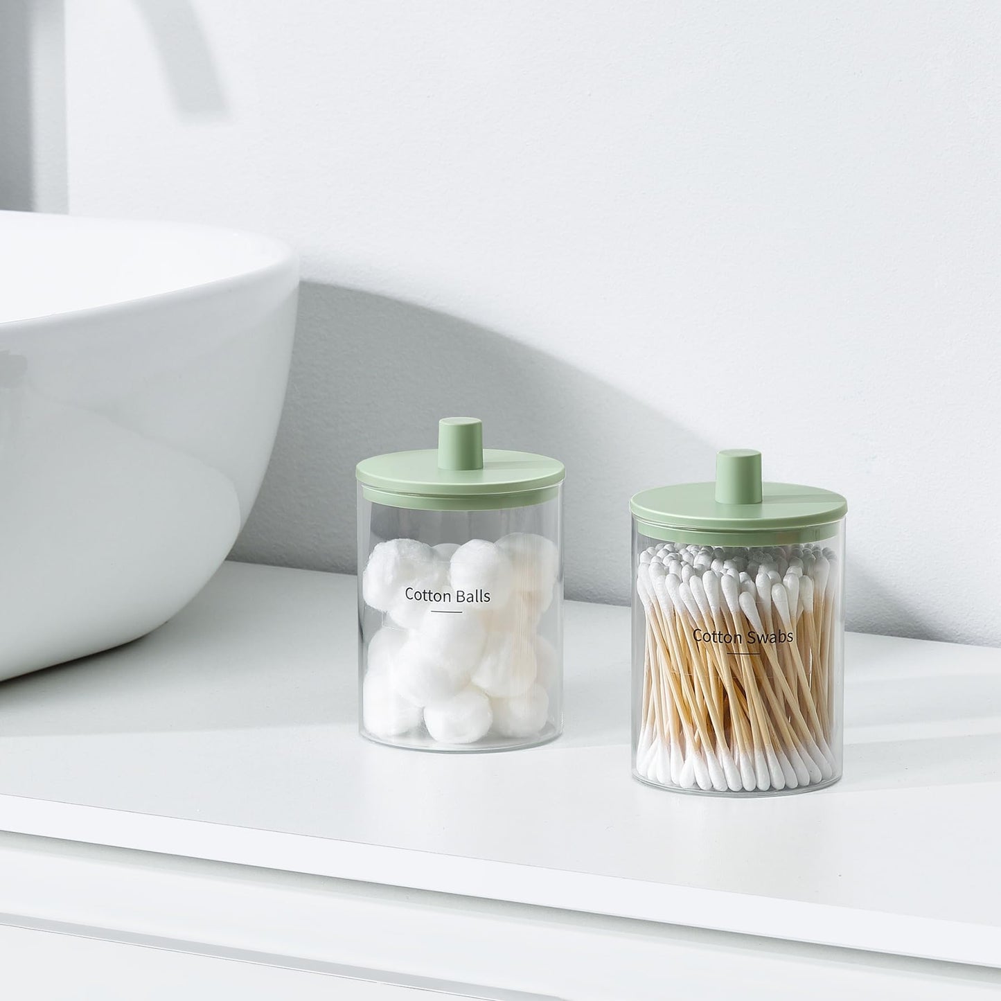 3 Pack Glass Qtip Holder Dispenser- 10 oz Clear Canister Apothecary Jar, Bathroom Vanity Storage Organizer Set for Cotton Swabs, Pads, Floss Picks, Small Containers for Makeup Storage (Green)