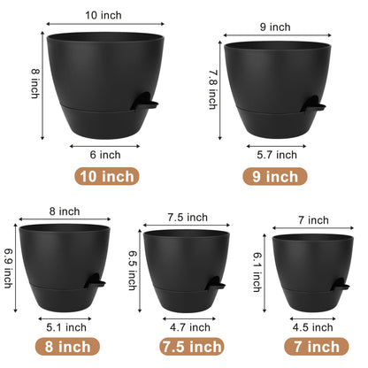 QRRICA Plant Pots 10/9/8/7.5/7 Inch Self Watering Pots, Set of 5 Plastic Planters with Drainage Holes and Saucers,Plastic Flower Pots,Nursery Planting Pot for Indoor Out Door Plants(All Black)
