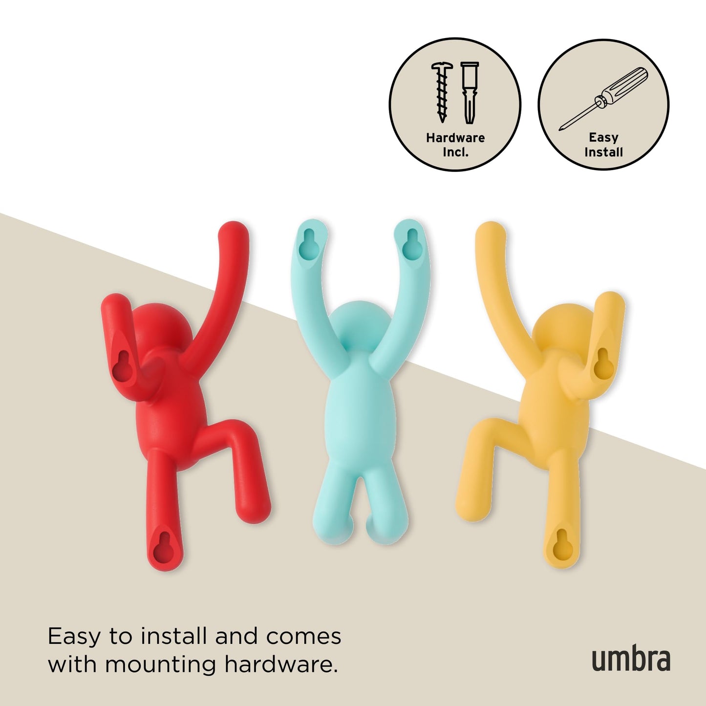 Umbra Buddy Wall Hooks – Decorative Wall Mounted Coat Hooks for Hanging Coats, Scarves, Bags, Purses, Backpacks, Towels and More, Set of 3, Red/Blue/Yellow