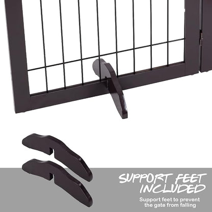 PAWLAND 144-inch Extra Wide 30-inches Tall Dog gate with Door Walk Through, Freestanding Wire Pet Gate for The House, Doorway, Stairs, Pet Puppy Safety Fence, Support Feet Included, Espresso,6 Panels