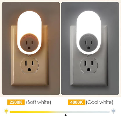 Dawnrise Night Lights Plug Into Wall, Dusk to Dawn Sensor Night Light with Power Outlet, CCT 2200K or 4000K, 5Lm or 20Lm Adjustable Brightness for Bedroom, Kitchen, Living Room, Office, 2PK