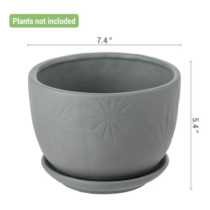 MyGift 7 Inch Grey Ceramic Plant Pot with Drainage Hole and Attached Saucer, Modern Decorative Embossed Sunburst Planter Container for Indoor Home Garden