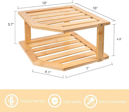 VERTORGAN Bamboo Corner Shelf(2 Pack),2 Tier Plate Organizer for Cabinet and Countertop,Pantry Dish and Spice Rack for Kitchen