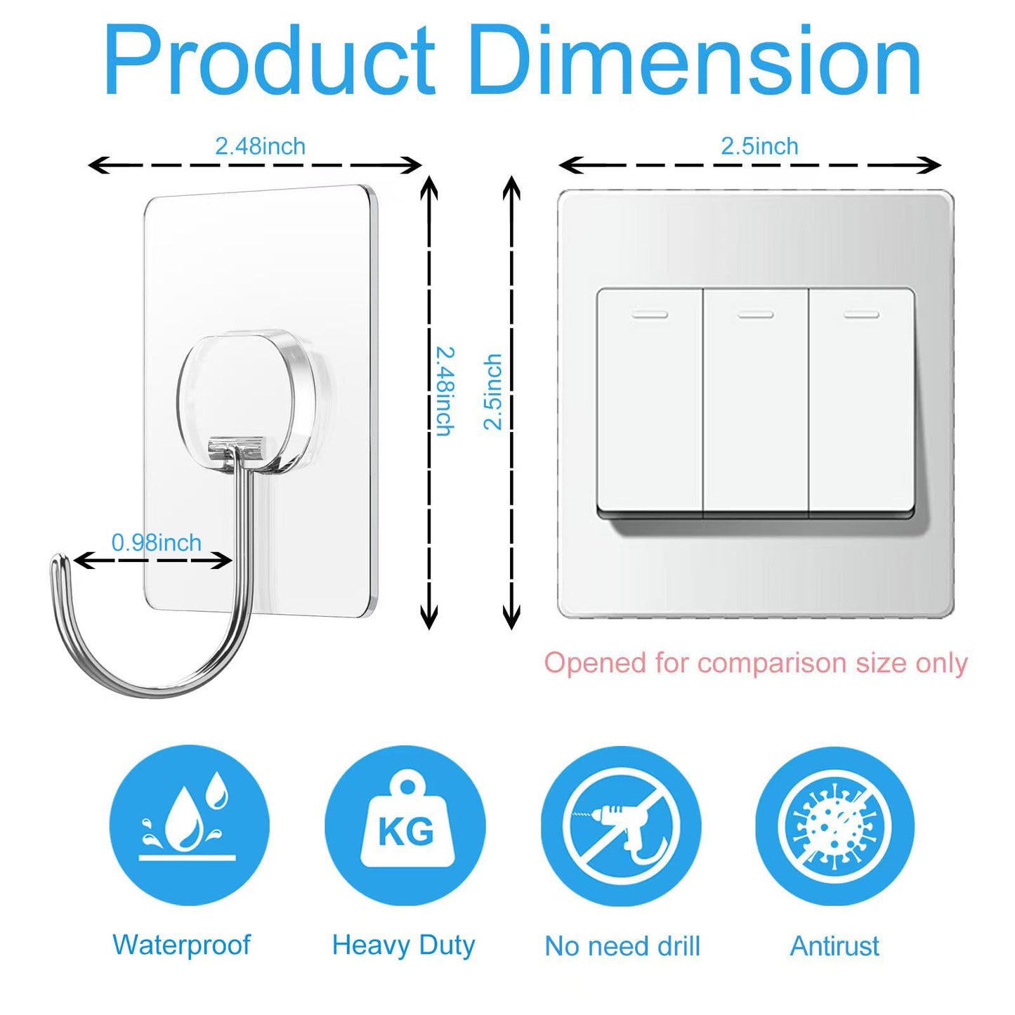 JINSHUNFA Adhesive Wall Hooks 13LB Heavy Duty No Drill Large Transparent Waterproof Hooks for Bathroom Kitchen Towel Coat 8 Pack