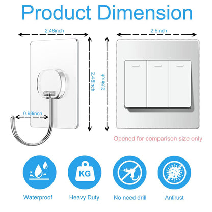 JINSHUNFA Adhesive Wall Hooks 13LB Heavy Duty No Drill Large Transparent Waterproof Hooks for Bathroom Kitchen Towel Coat 8 Pack