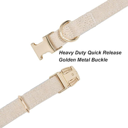 Soft Dog Collar and Leash Set Adjustable Woven Tweed Dog Collars with Metal Buckle and Lead for Small Medium Large Dogs,Beige