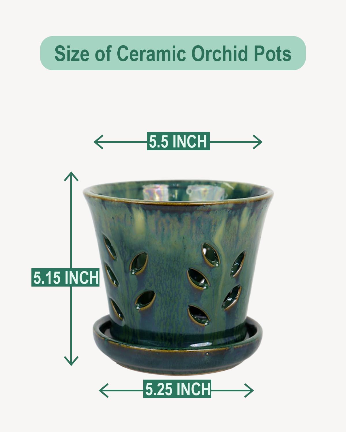 vensovo 5.5 Inch Ceramic Orchid Pot - Orchid Pot with Holes for Repotting, Ceramic Planter with Saucer for Indoor/Outdoor Plants, Green