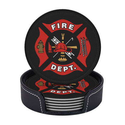 SEPTYK Firefighter Fire DEPT. Logo Rescue Pattern Coasters for Drinks with Holder Set of 6 Leather Round 4" for Home Kitchen Decor Coffee Cup Housewarming