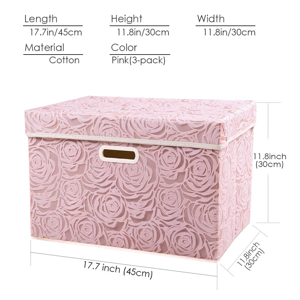 PRANDOM Larger Collapsible Storage Boxes with Lids Fabric Decorative Bins Cubes Organizer Containers Baskets Handles Divider for Bedroom Closet Living Room Pink 17.7x11.8x11.8 Inch 3 Pack