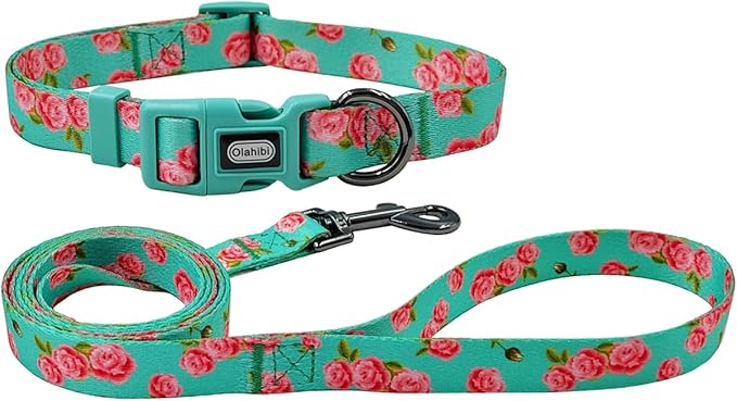 Dog Collar Leash Set, Floral Pattern, Polyester Material, Adjustable Collar and 5ft Matching Leash, for Puppy Dogs.(XS, Green Rose)