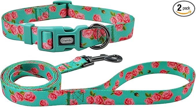 Dog Collar Leash Set, Floral Pattern, Polyester Material, Adjustable Collar and 5ft Matching Leash, for Small Dogs.(S, Green Rose)