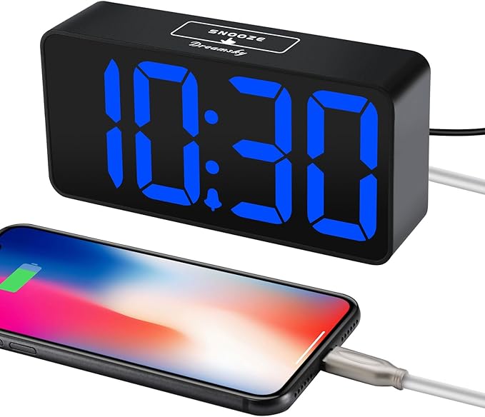 DreamSky Small Digital Alarm Clock for Bedroom with Large Big Numbers | Electric Bedside Desk Clock with USB Charging Port, Brightness Dimmer, Adjustable Alarm Volume, USB-C Adapter Powered