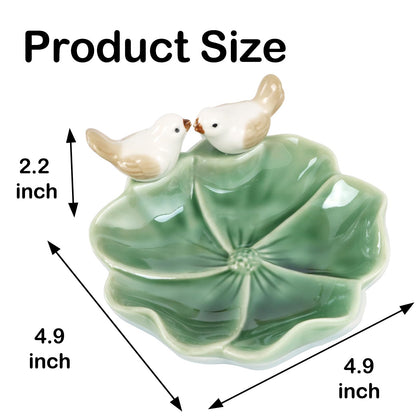 Fordonral Ceramic Jewelry Tray Trinket Dish Decorative Cute Bird & Lotus Leaf Ring Holder Dish Aesthetic Room Vanity Decor (Green)